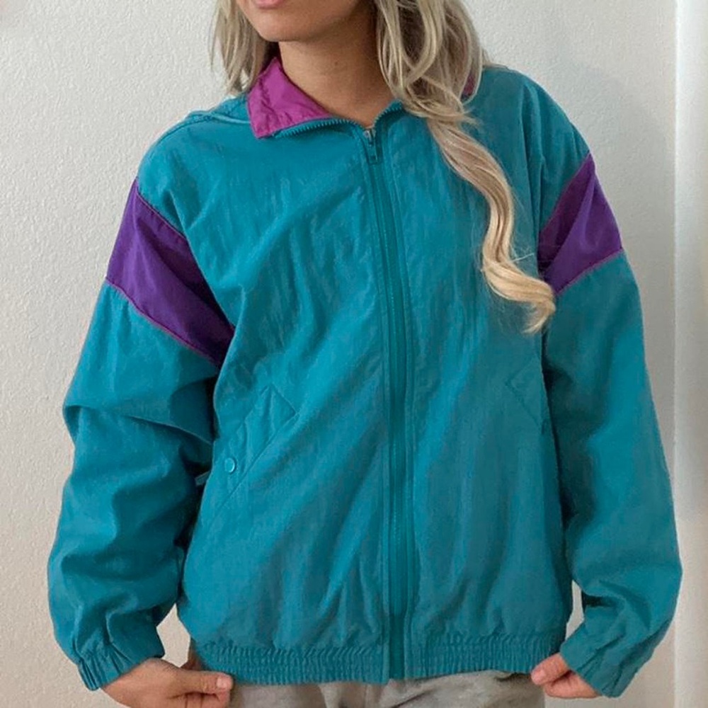 Alfred Dunner vintage teal windbreaker colorblock 1980s  men’s small